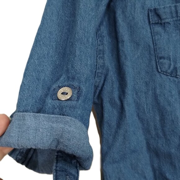 BEBE Blouse Girls M(10/12) Blue Pockets Roll-Tab Sleeve Button-up Asymmetrical - Picture 6 of 8